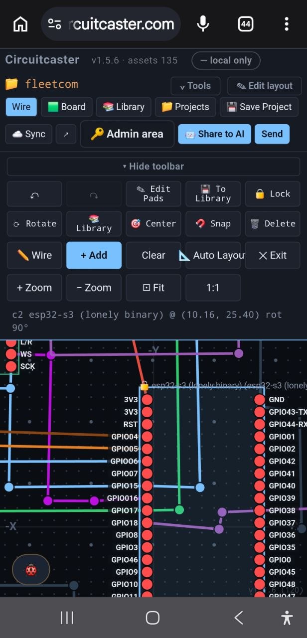 A real ESP32-S3 sensor node — I2S mic and GPIO nets — being wired live in Circuitcaster on a phone